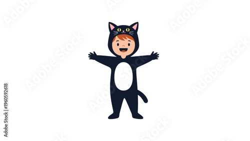 Happy young child dressed in a black cat costume with pointed ears and a white belly celebrates Halloween with arms wide open for fun.