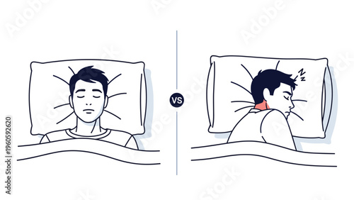 Medical illustration comparing two different sleeping positions on a pillow to show optimal neck support and overall rest for the body.