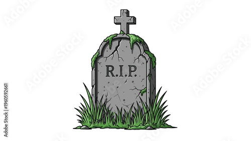 Old weathered stone tombstone with a cross on top and the letters R.I.P. carved into the surface surrounded by green grass and moss.