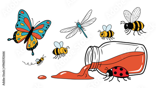Assorted insects like a butterfly, bees, and a ladybug gather around a spilled jar of orange honey or jam on a plain white background.