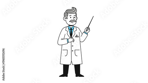 Professional doctor or scientist wearing a white lab coat and glasses uses a pointing stick to explain information during a presentation.