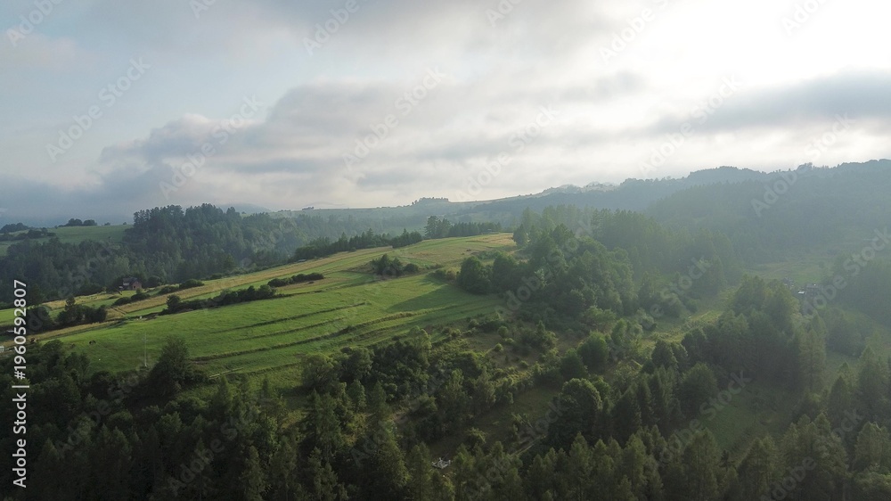 Fototapeta premium Fog covering peaceful valley at sunrise light