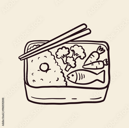 A simple line drawing illustrates a compact bento box containing rice, broccoli, carrots, and a whole fish with chopsticks resting across the top.