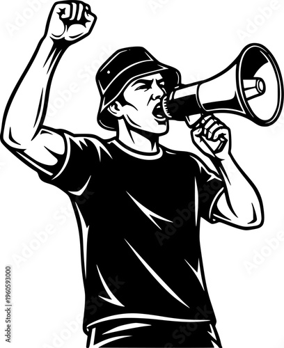 Soccer Ultra Fan with Megaphone and Bucket Hat Cheering Vector
