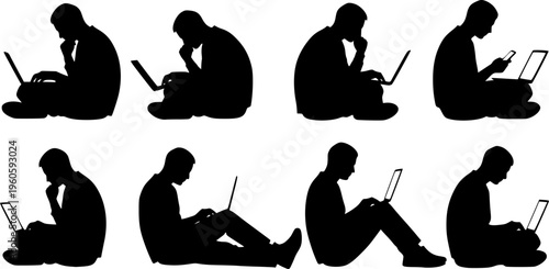 Diverse black silhouette figures of men sitting comfortably, focused on working or studying using laptops and digital, isolated on white background
