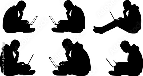 Diverse black silhouette figures of men sitting comfortably, focused on working or studying using laptops and digital, isolated on white background
