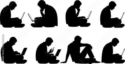 Diverse black silhouette figures of men sitting comfortably, focused on working or studying using laptops and digital, isolated on white background
