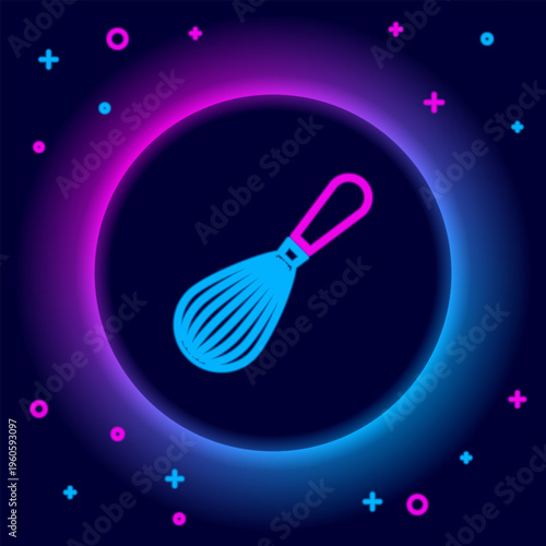 Glowing neon line Kitchen whisk icon isolated on black background. Cooking utensil, egg beater. Cutlery sign. Food mix symbol. Colorful outline concept. Vector
