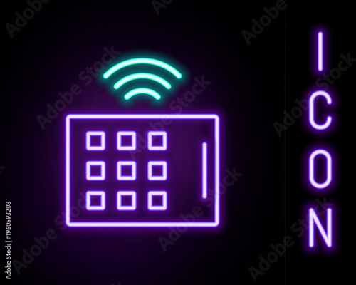 Glowing neon line Wireless tablet icon isolated on black background. Internet of things concept with wireless connection. Colorful outline concept. Vector