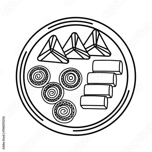 black and white icon of traditional sweetmeats tray (kavum, kokis, aluwa), clean outline vector