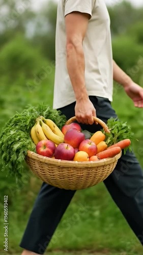 Person carrying a basket full of fresh produce through a field