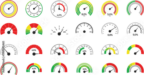 Speedometer and gauge dashboard collection with colorful indicators meters and performance dials vector illustration set