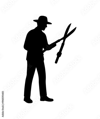 Gardener silhouette holding hedge shears trimming landscaping