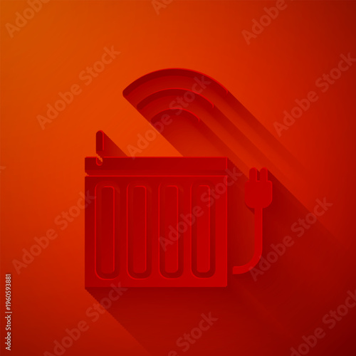 Paper cut Smart heating radiator system icon isolated on red background. Internet of things concept with wireless connection. Paper art style. Vector