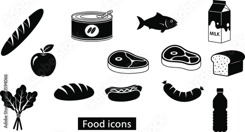 Set of black food icons featuring bread, meat, milk, apple, fish, and canned goods isolated on white background for grocery store signage and menu design. (25 words)
