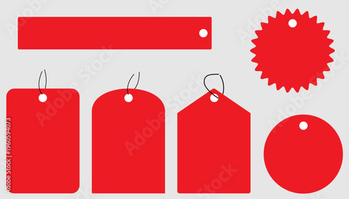 Realistic red sale labels, discount price tags mock-ups. Paper gift label with rope, promotional sales hanging tag vector template set. Retail product sticker elements with deal, hot price. 