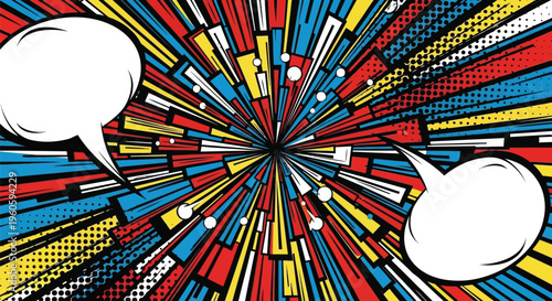 Vibrant comic book style illustration with dynamic speech bubbles and radiating colorful lines