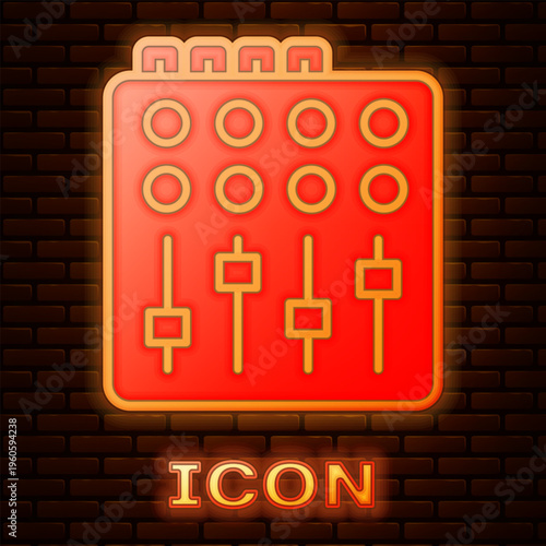 Glowing neon Sound mixer controller icon isolated on brick wall background. Dj equipment slider buttons. Mixing console. Vector