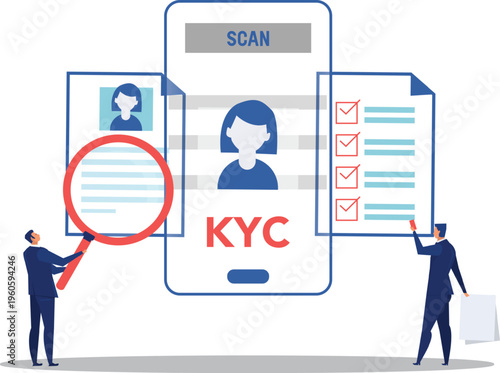 KYC or know your customer with business verifying the identity of its clients concept at the partners-to-be through a magnifying glass vector illustrator