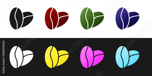 Set Coffee beans icon isolated on black and white background. Vector