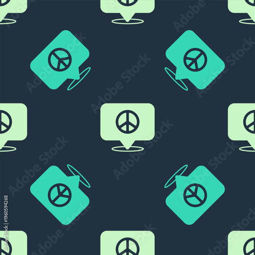 Green and beige Location peace icon isolated seamless pattern on blue background. Hippie symbol of peace. Vector