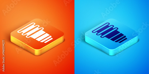 Isometric Paper glass icon isolated on orange and blue background. Soda drink glass. Fresh cold beverage symbol. Vector