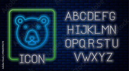 Glowing neon Bear head icon isolated on brick wall background. Neon light alphabet. Vector
