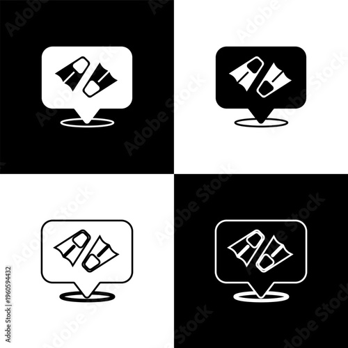 Set Rubber flippers for swimming icon isolated on black and white background. Diving equipment. Extreme sport. Diving underwater equipment. Vector