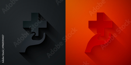 Paper cut Heart with a cross icon isolated on black and red background. First aid. Healthcare, medical and pharmacy sign. Paper art style. Vector
