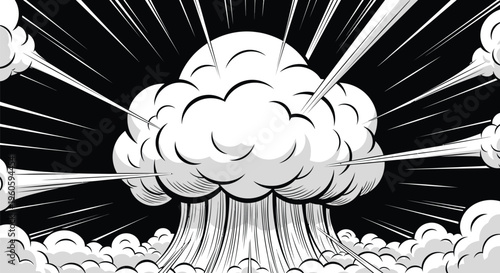 A massive explosion with a large cloud of smoke and debris radiating outward in all directions rapidly