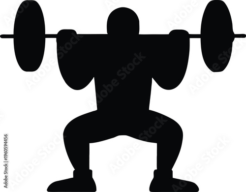 A black silhouette of a weightlifter performing a squat with a barbell silhouette