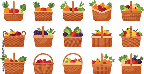 Wicker baskets with fruits and vegetables collection harvest food containers cartoon vector illustration set