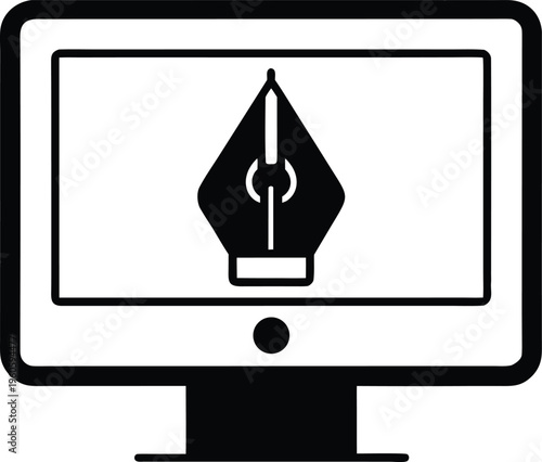 Computer monitor displaying a pen nib illustration in black a striking silhouette