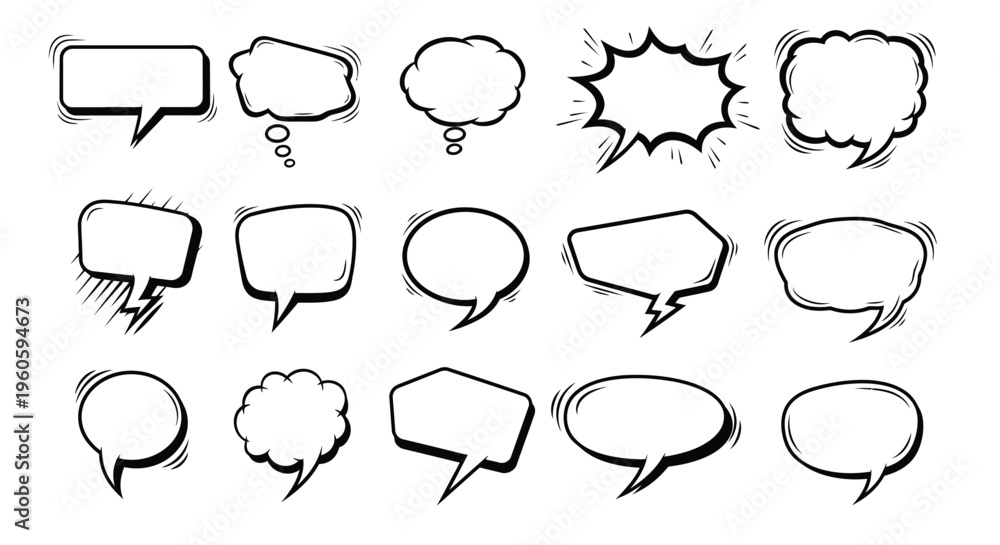 Fototapeta premium A collection of 15 various comic book style speech bubbles and thought clouds in black and white