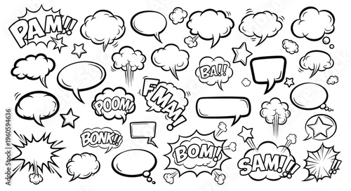 A collection of various comic book style speech bubbles and sound effects in black and white illustrations