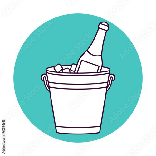 Champagne bottle in a bucket with ice cubes on a teal background