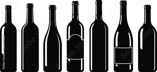 Set of black wine bottle silhouettes with different shapes and labels isolated on white background for winery branding, restaurant menu design, and alcoholic beverage packaging.