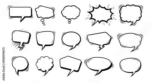 A collection of 15 various comic book style speech bubbles and thought clouds in black and white