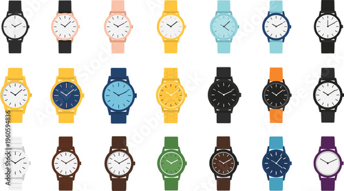 Wrist watches collection modern analog watches with colorful straps fashion accessories vector illustration set