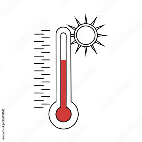 Vector illustration of a thermometer with rising heat and sun