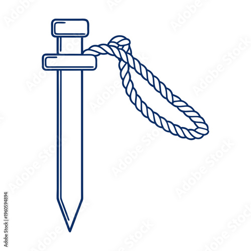 A blue line drawing of a tent peg with rope tied around the head, a symbol of summer camping
