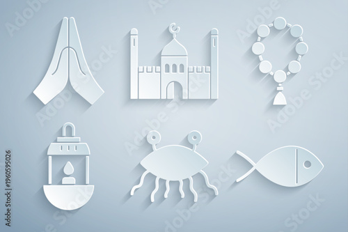 Set Pastafarianism, Rosary beads religion, Ramadan Kareem lantern, Christian fish, Muslim Mosque and Hands in praying position icon. Vector