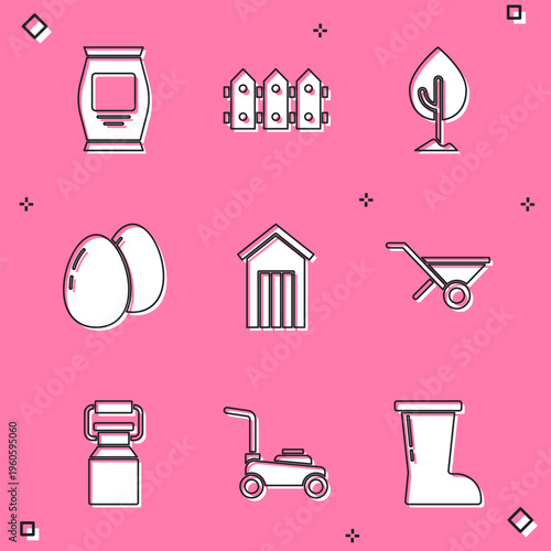 Set Fertilizer bag, Garden fence wooden, Tree, Chicken egg, Wooden outdoor toilet, Wheelbarrow, Can container for milk and Lawn mower icon. Vector