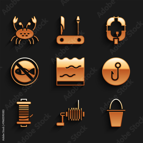 Set Aquarium, Spinning reel for fishing, Fishing bucket, hook, No, Inflatable boat and Crab icon. Vector