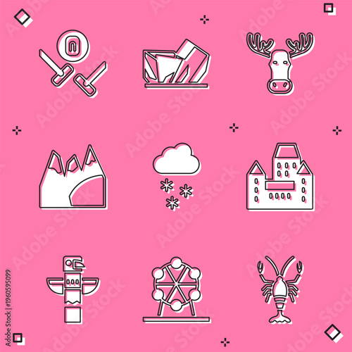 Set Curling sport game, Royal Ontario museum, Moose head with horns, Mountains, Cloud snow, Chateau Frontenac hotel, Canadian totem pole and Ferris wheel icon. Vector