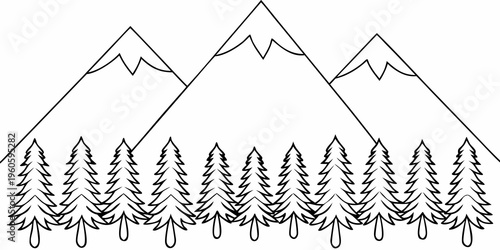 Simple line drawing of mountains and a coniferous forest scene