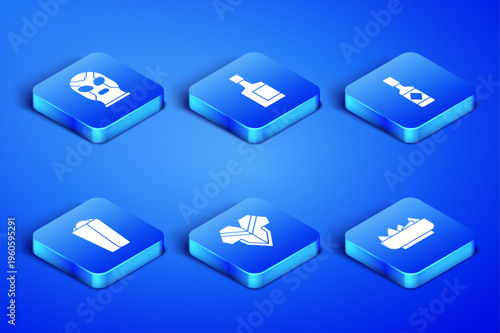 Set Nachos in bowl, Mexican wrestler, Poncho, Burrito, Tequila bottle and Tabasco sauce icon. Vector