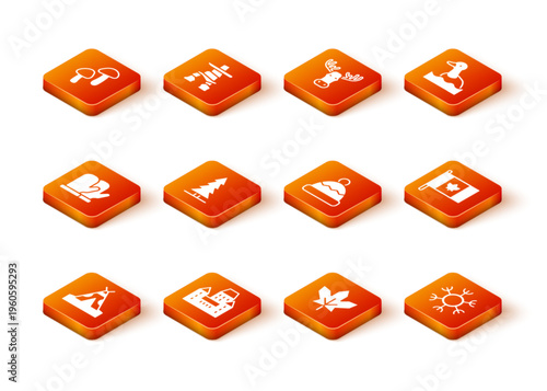 Set Indian teepee or wigwam, Chateau Frontenac hotel, Christmas mitten, Canadian spruce, maple leaf, Beanie, Snowflake and Flag of Canada icon. Vector