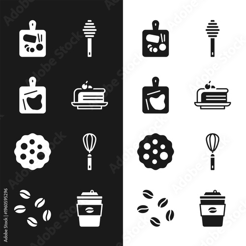Set Piece of cake, Cutting board, Honey dipper stick, Cookie or biscuit, Kitchen whisk, Coffee cup to go and beans icon. Vector