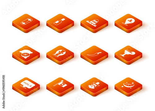 Set Hola, Mexico flag, Lime, Mexican wrestler, man sombrero, Hot chili pepper pod, Sliced lime and Margarita cocktail icon. Vector